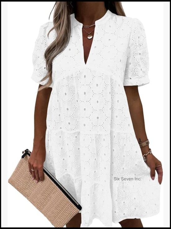 Dresses & Skirts - Summer Lace Eyelet Babydoll Swing V-Neck Tunic Dress